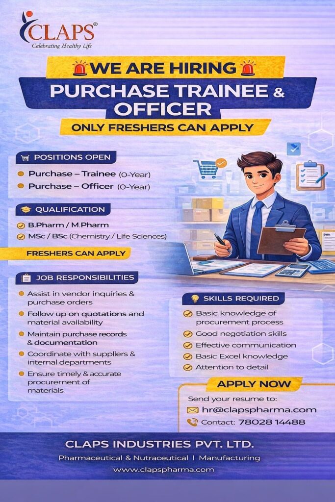CLAPS Industries Hiring Purchase Trainee & Officer | Freshers Pharma Jobs
