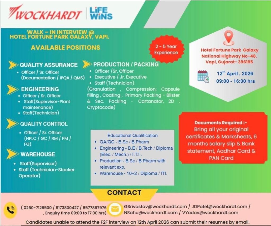 Wockhardt Walk-In Interview 2026