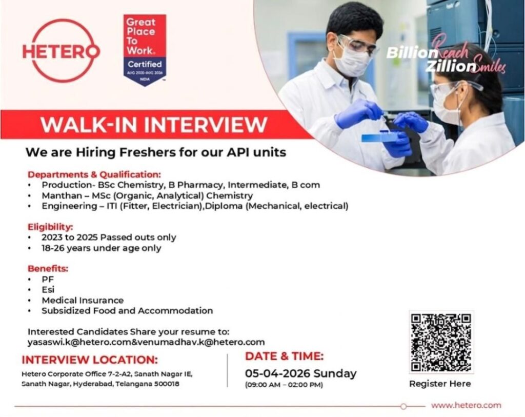 Hetero Walk-In Interview 2026 for Freshers | API Jobs in Hyderabad