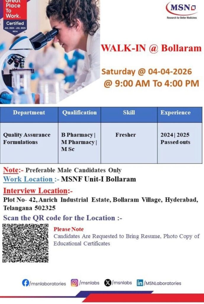 MSN Laboratories Walk-In Drive 2026 | Freshers