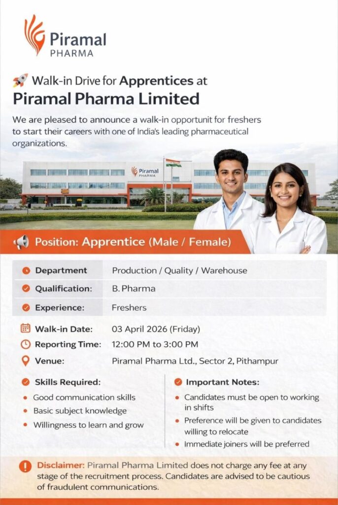 Piramal Pharma Walk-in Drive 2026 for Apprentices | B Pharma Freshers