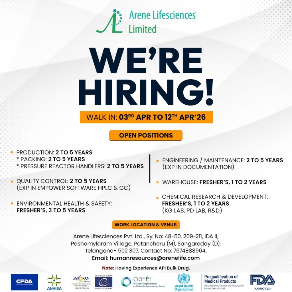 Arene Lifesciences is hiring for Production, QC, R&D, Engineering, and Warehouse roles.