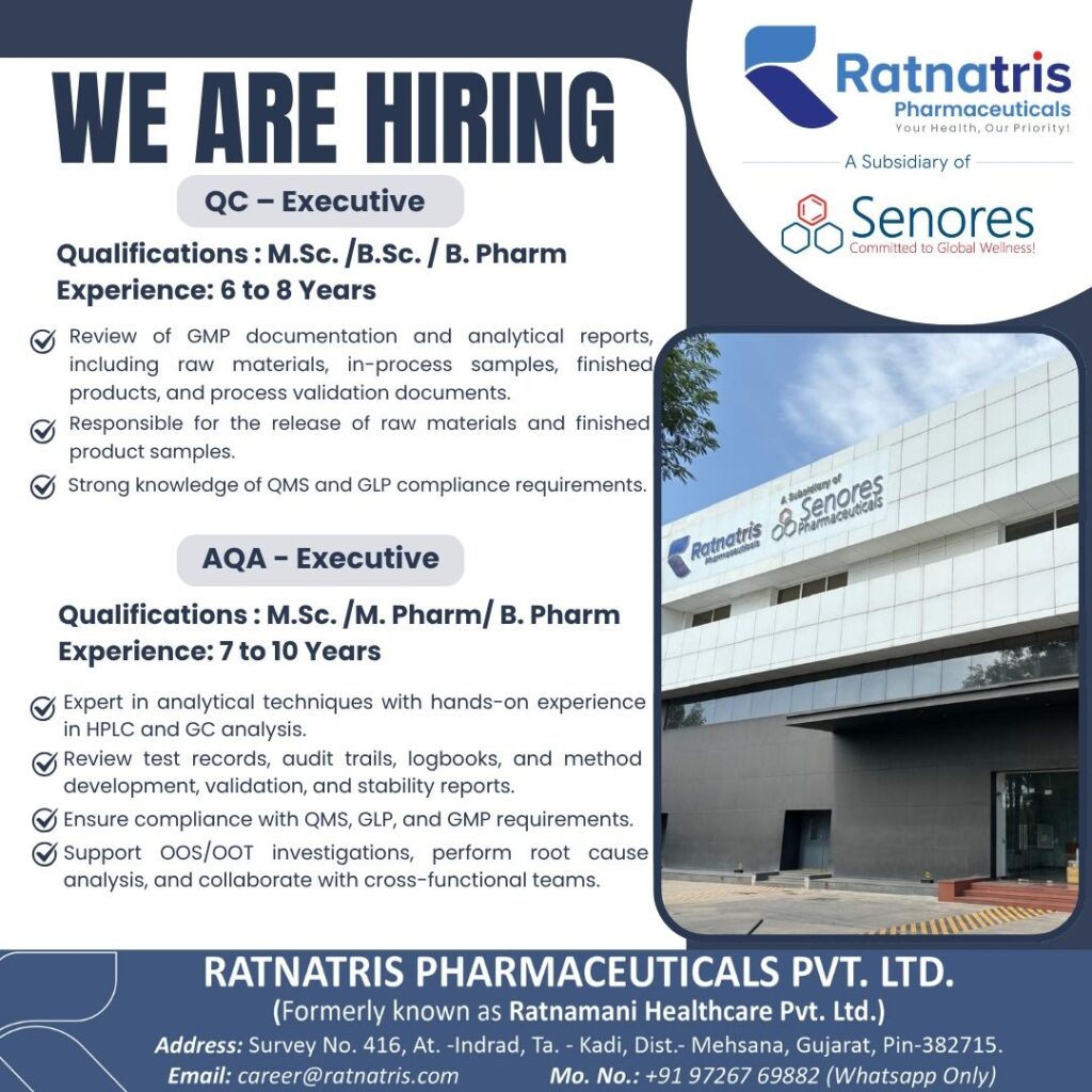Ratnatris Pharmaceuticals is hiring QC Officer and Micro Officer in Gujarat