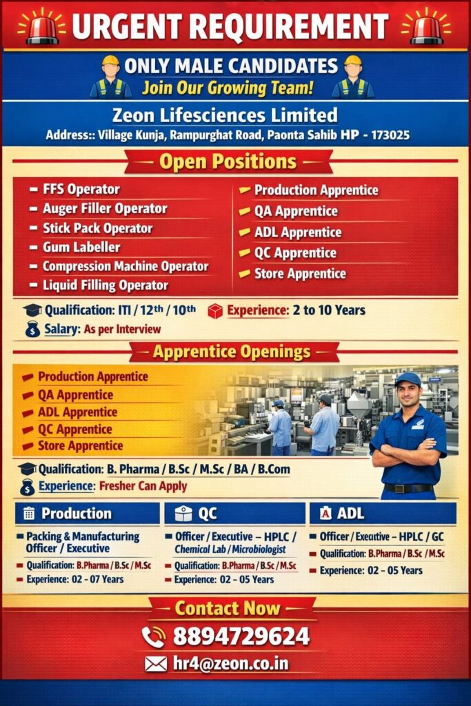 Zeon Lifesciences Recruitment 2026 | Operator & Apprentice Jobs