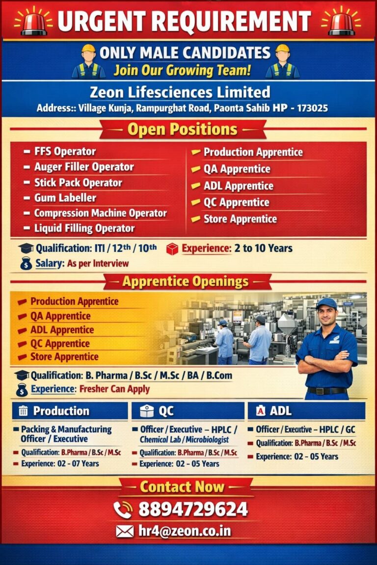 Zeon Lifesciences Limited Hiring 2026 | Multiple Openings for Operators ...