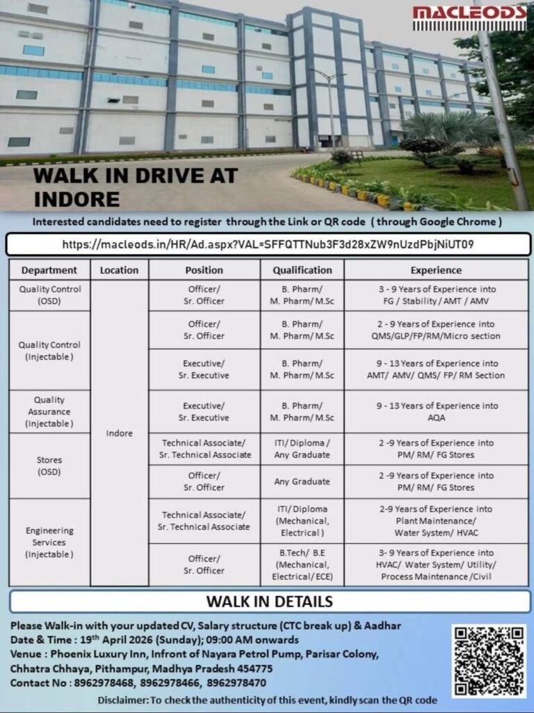 Macleods Pharma Walk-in Drive 2026 in Indore