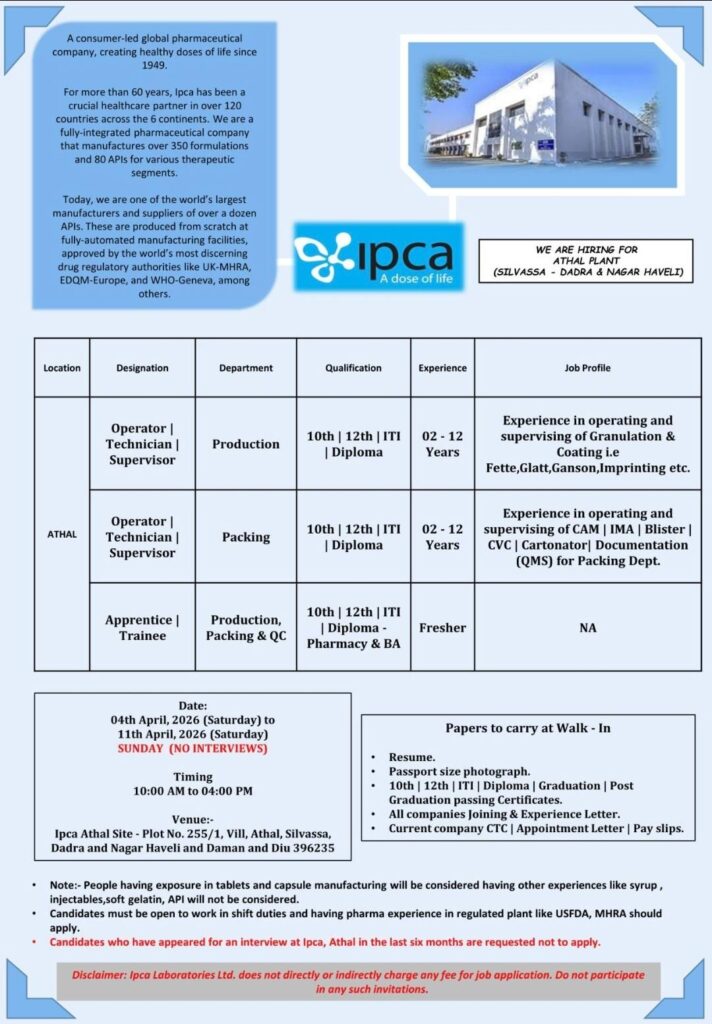 Ipca Laboratories Walk-In Interview 2026
