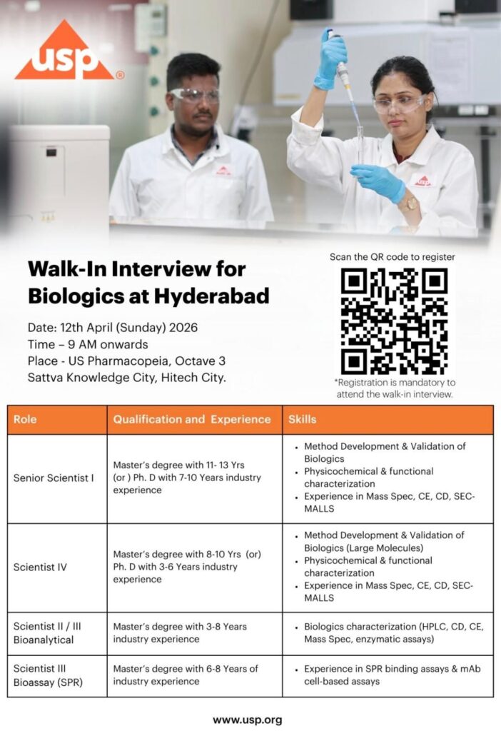 USP Walk-in Interview 2026 for Biologics in Hyderabad