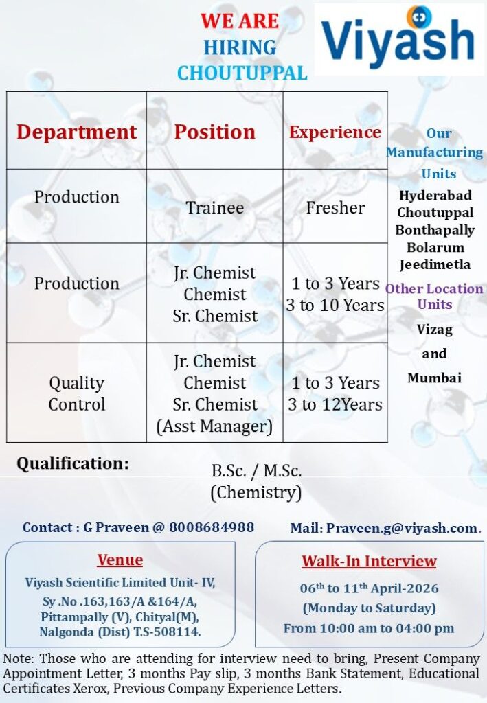 Viyash Scientific Limited Hiring 2026 | Walk-In Interview for Production & QC Jobs