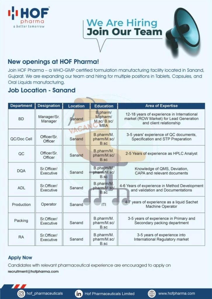 HOF Pharma Hiring 2026 | Multiple Openings