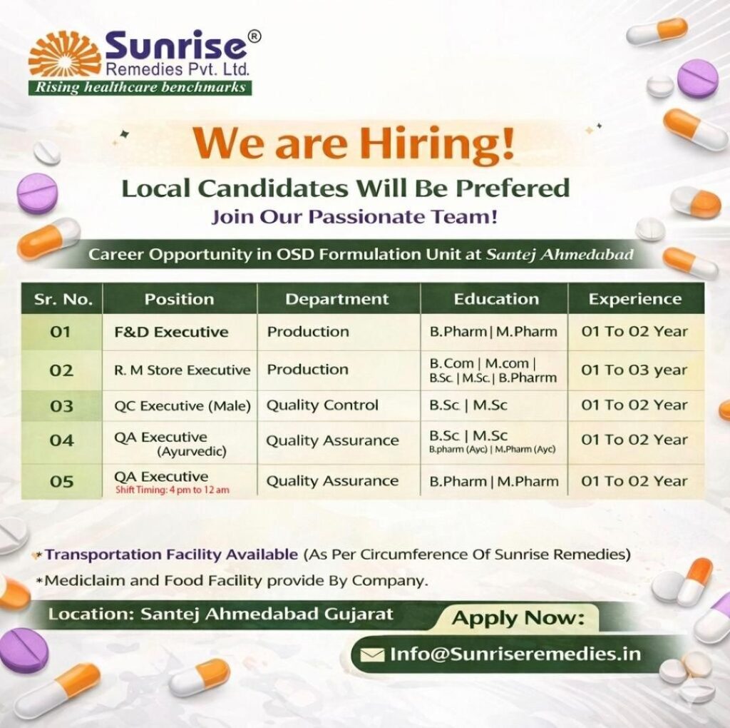 Sunrise Remedies Hiring 2026 | QC, QA, Production Jobs in Ahmedabad