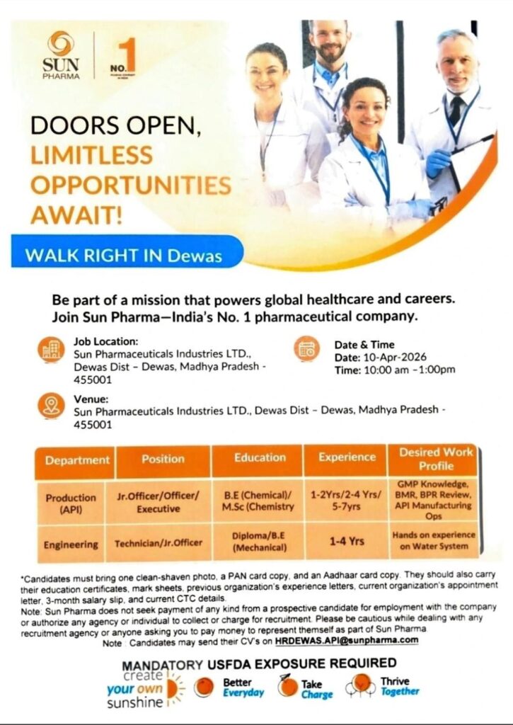 Sun Pharma Walk-In Drive 2026 | Production & Engineering Jobs