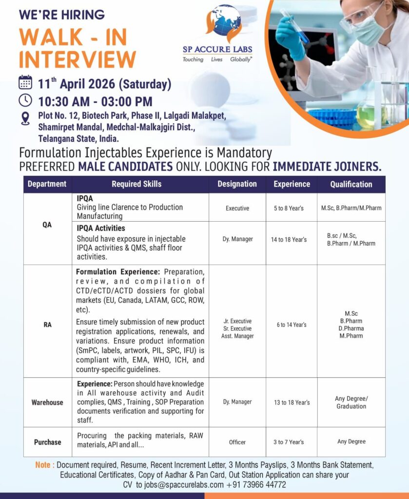 SP Accure Labs Walk-in Interview 2026 | Multiple Openings