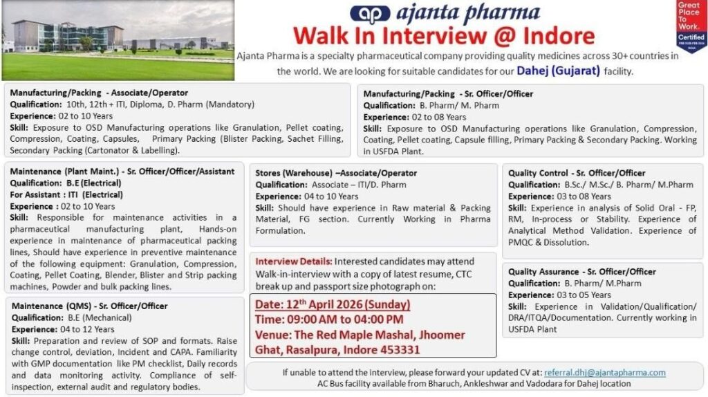 Ajanta Pharma Walk-in Interview 2026 Indore