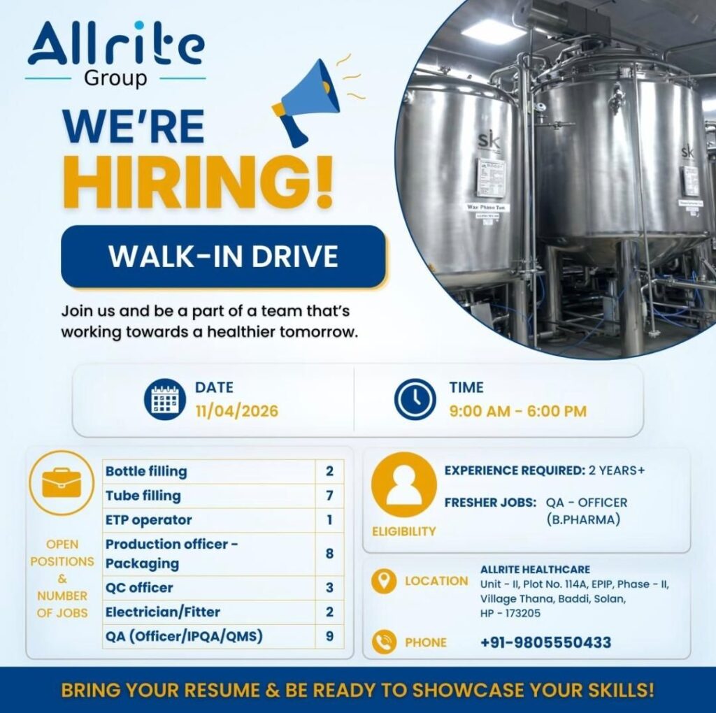 Allrite Group is hiring through a walk-in drive on 11 April 2026 in Baddi