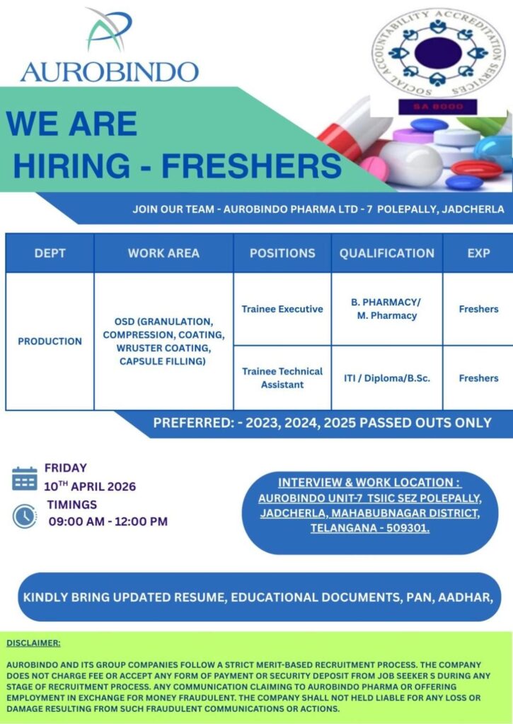 Aurobindo Pharma Hiring Freshers 2026 | Walk-In for Production OSD Jobs