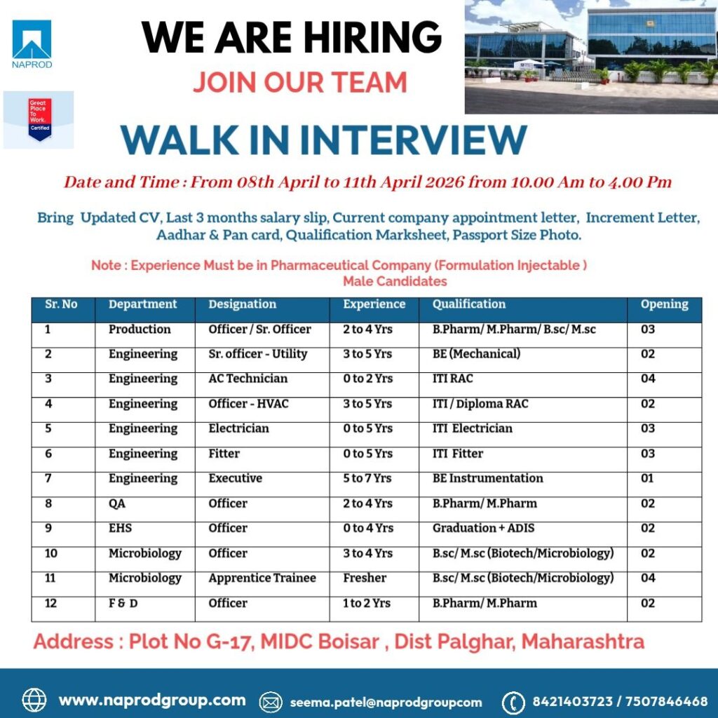 Naprod Life Sciences Walk-In Interview | Production, QA, Engineering Jobs