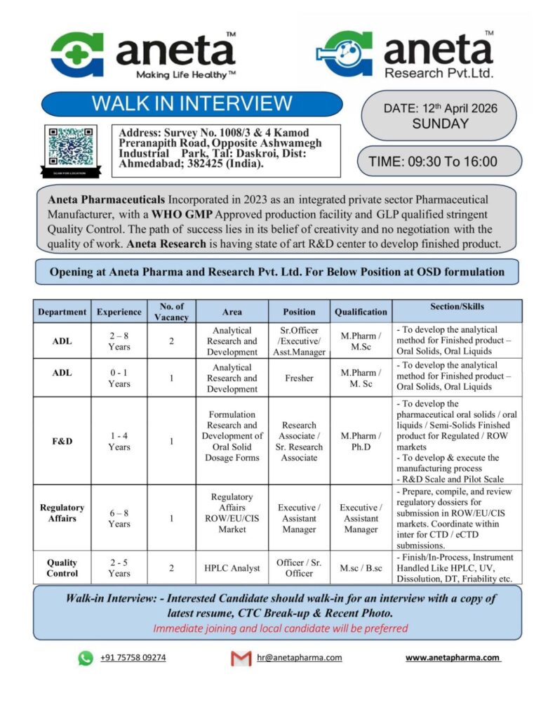 Aneta Pharma Walk-In Interview 2026 | ADL, F&D, QC, Regulatory Jobs