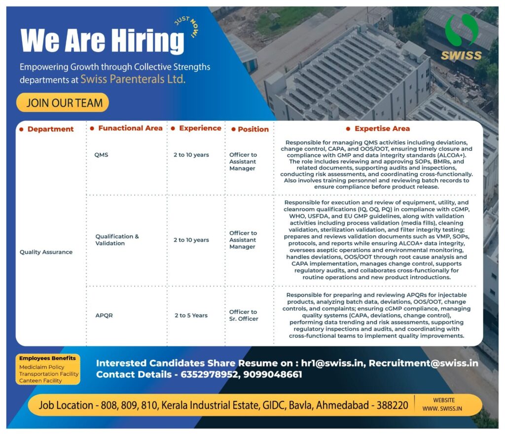 Swiss Parenterals Ltd Hiring 2026 | Multiple Pharma Jobs in Ahmedabad
