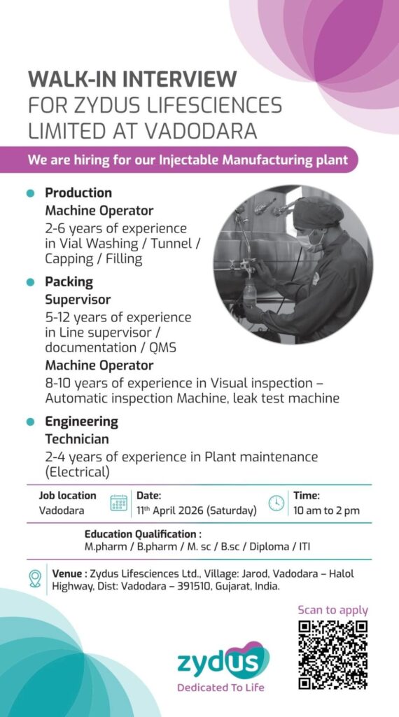 Zydus Injectable Plant Hiring | Walk-In Interview for Operators & Supervisors