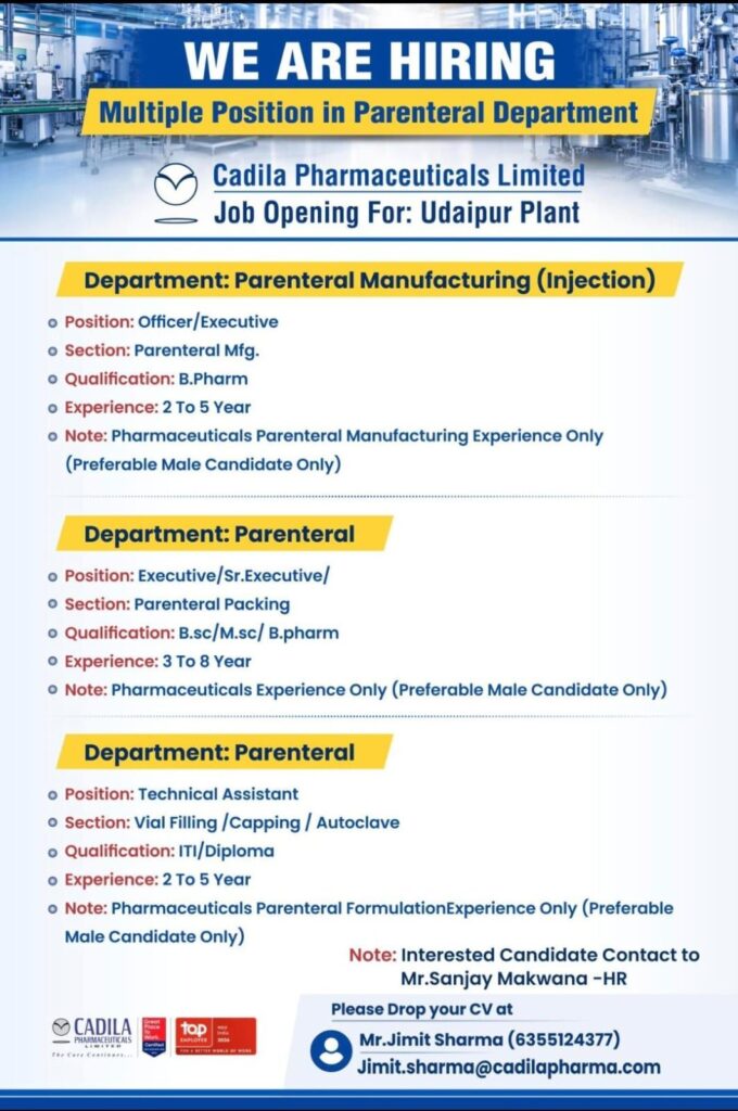 Cadila Pharmaceuticals Hiring 2026 – Multiple Openings