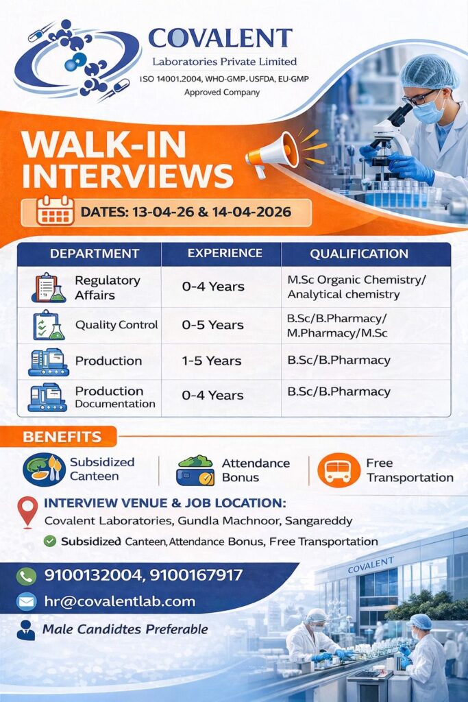 Covalent Laboratories Walk-In Interview 2026 | QC, Production & Regulatory Jobs