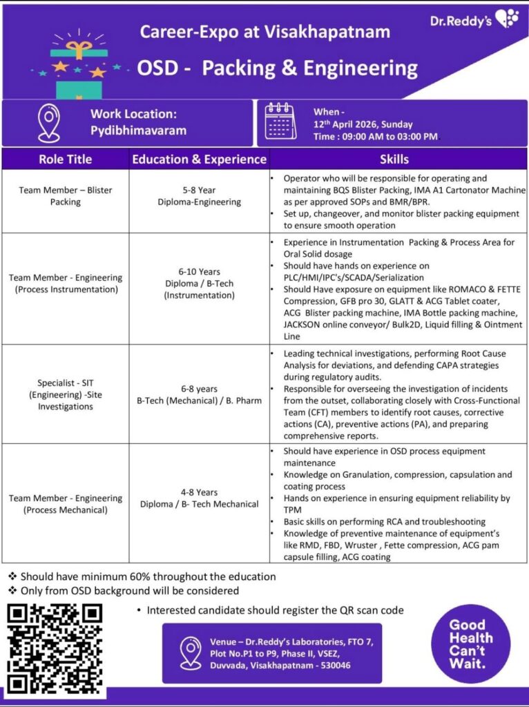 Dr. Reddy’s Career Expo 2026 | OSD Packing & Engineering Jobs