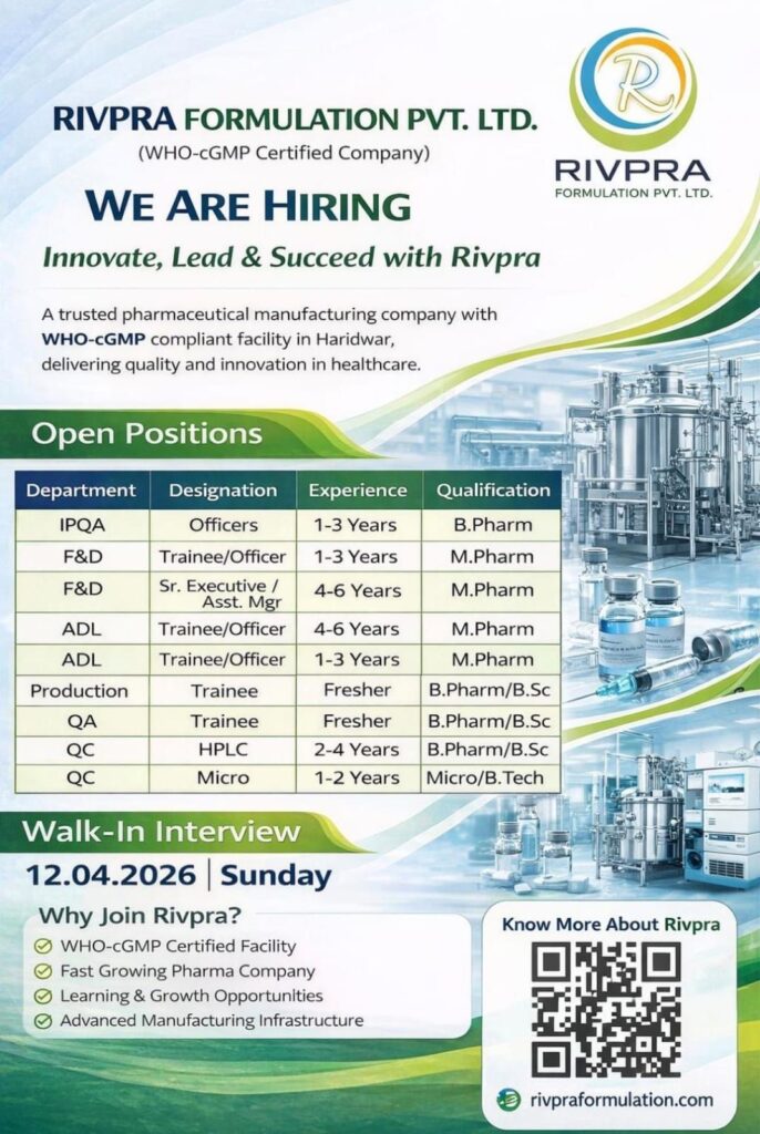 Rivpra Formulation Pvt. Ltd. Hiring Multiple Positions