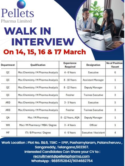 Pellets Pharma Limited is hiring for QC, QA, ARD, Warehouse, and Manufacturing roles