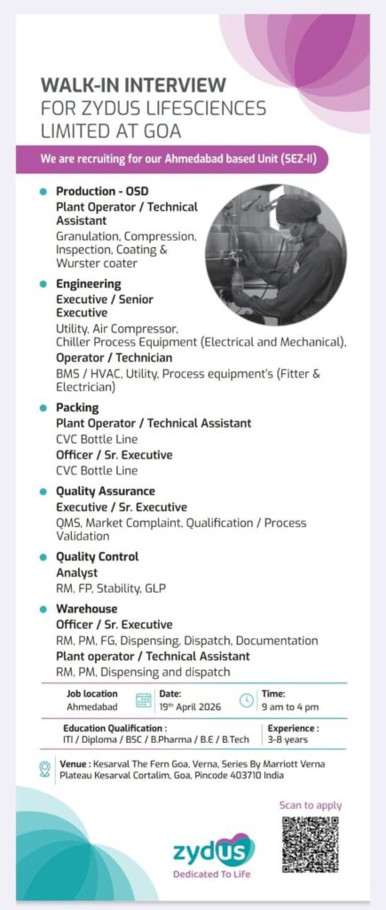 Zydus Lifesciences hiring for Production, QA, QC, Engineering, Packing & Warehouse roles