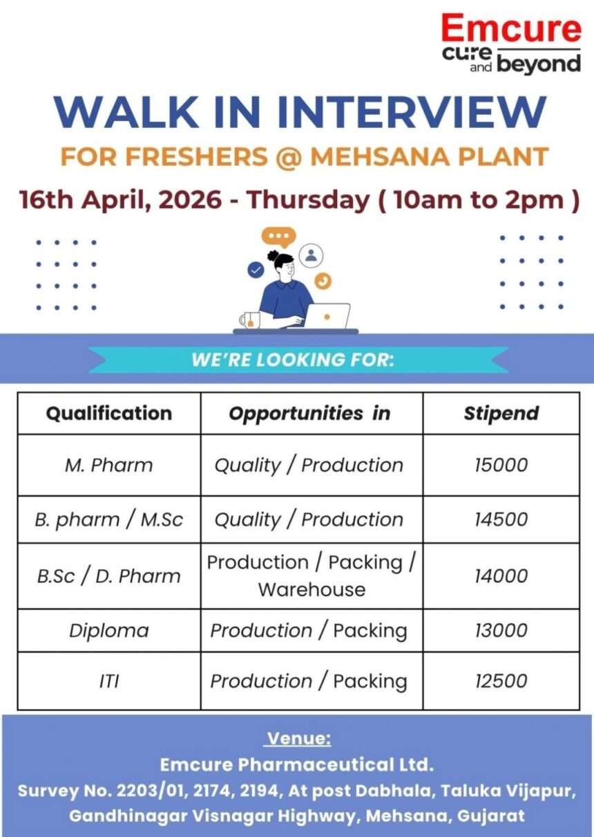 Emcure Pharma Walk-In Interview 2026 for Freshers | Production, Quality ...