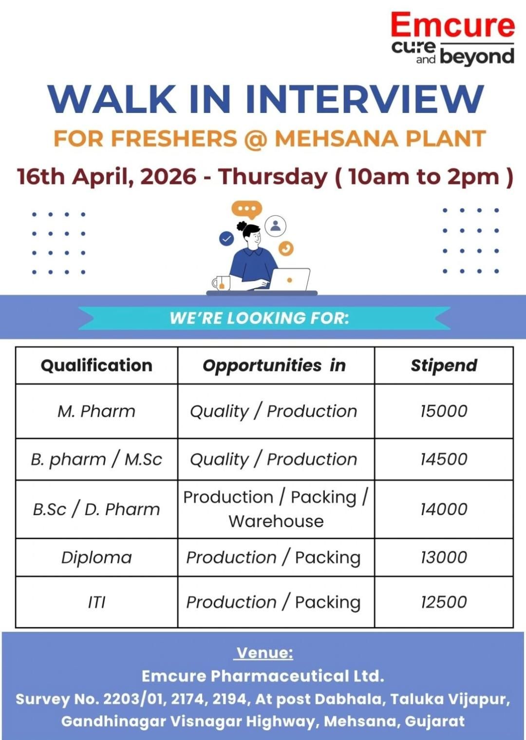 Emcure Pharma Walk-In Interview 2026 for Freshers | Production, Quality ...
