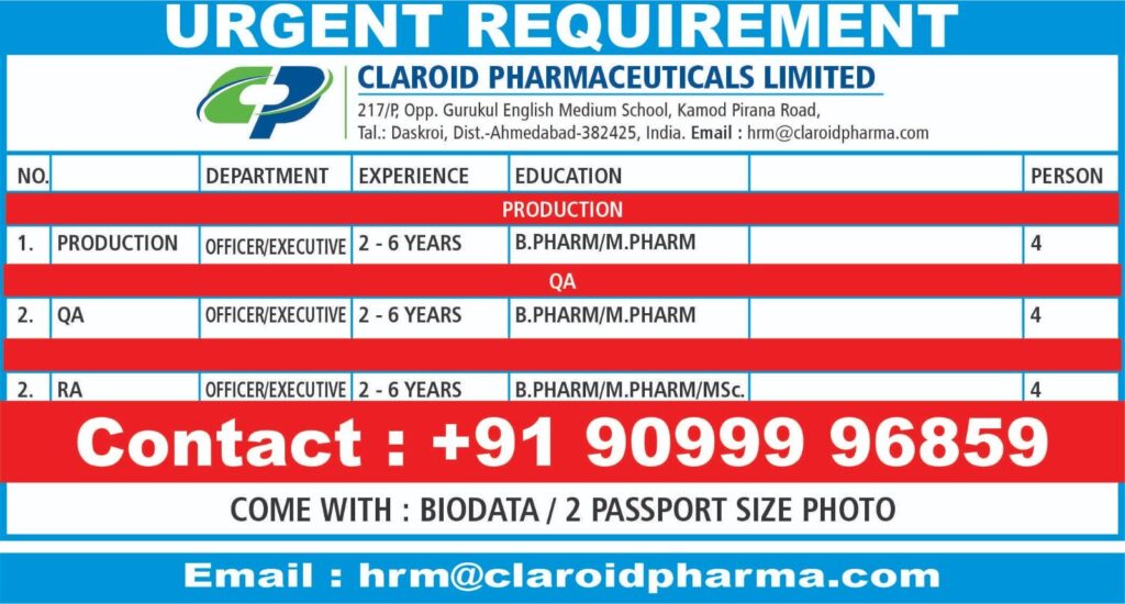 Claroid Pharmaceuticals Limited – Urgent Hiring 2026