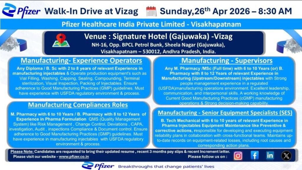 Pfizer Walk-In Drive 2026 in Vizag | Pharma Jobs for Experienced