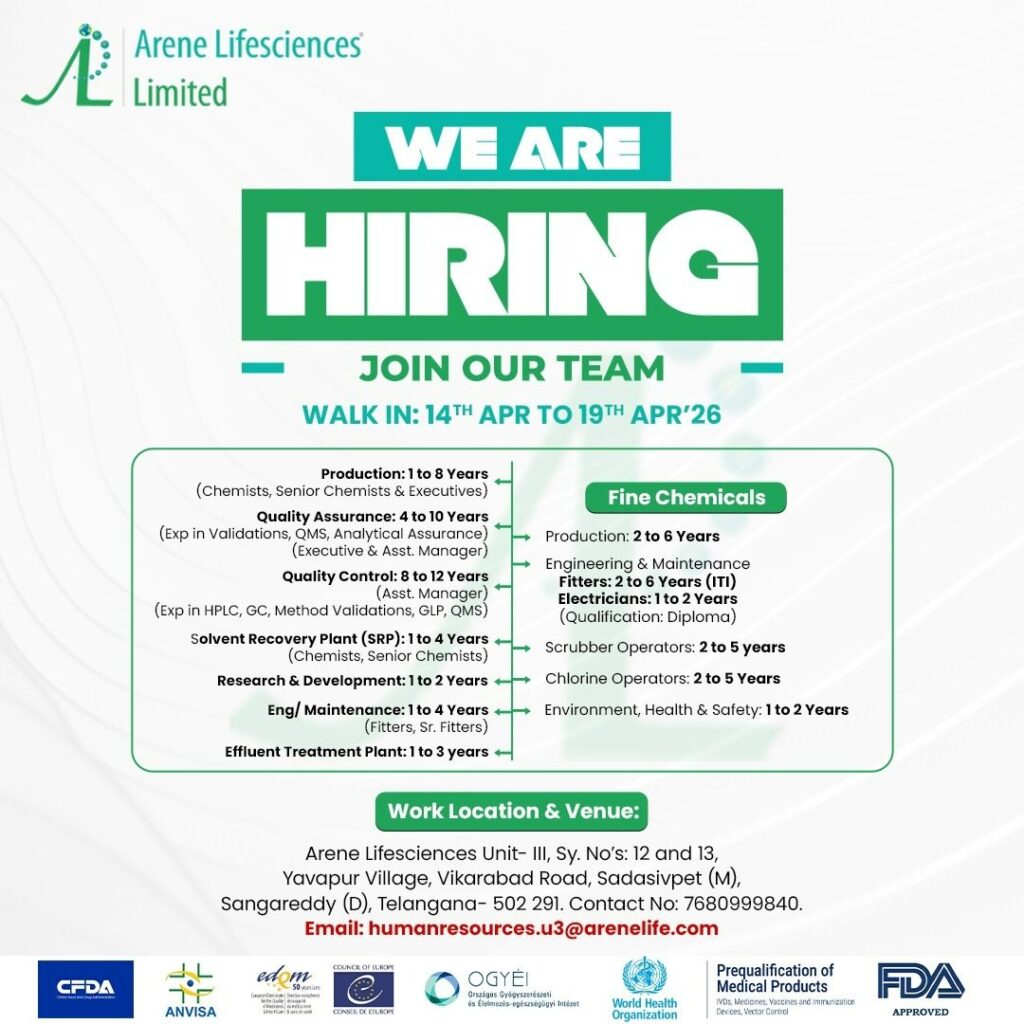 Arene Lifesciences Walk-In Drive | Production, QA, QC, Engineering Jobs