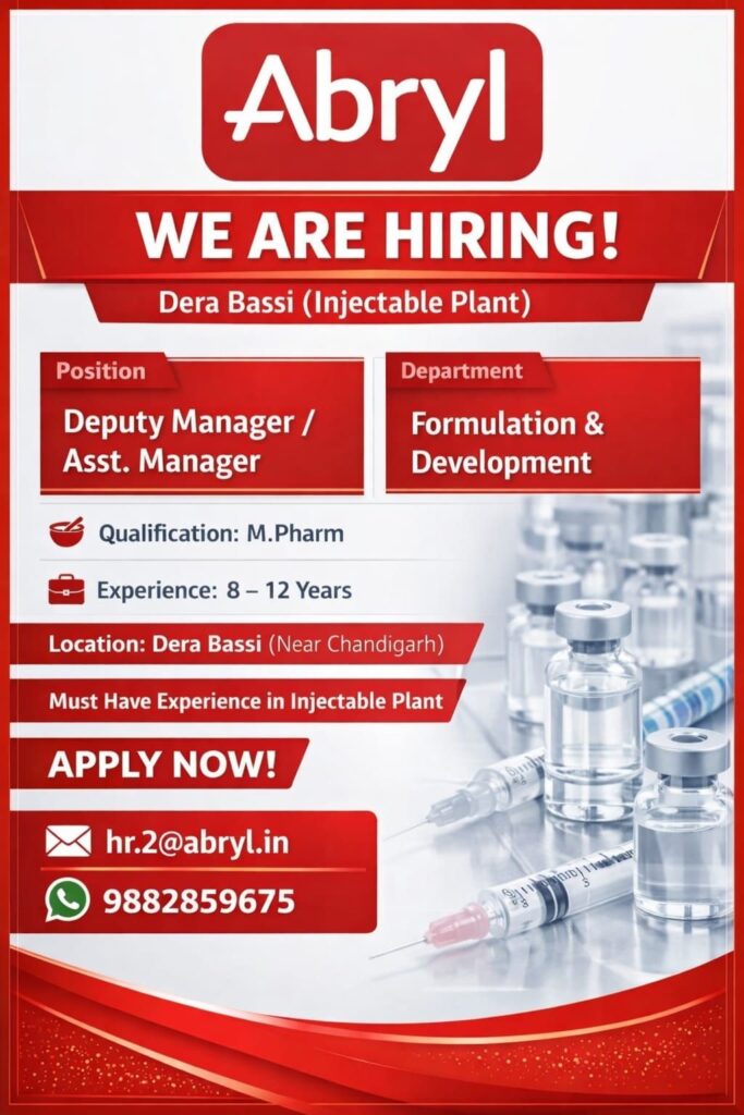 Abryl Laboratories Jobs Dera Bassi – Deputy Manager F&D Apply Now