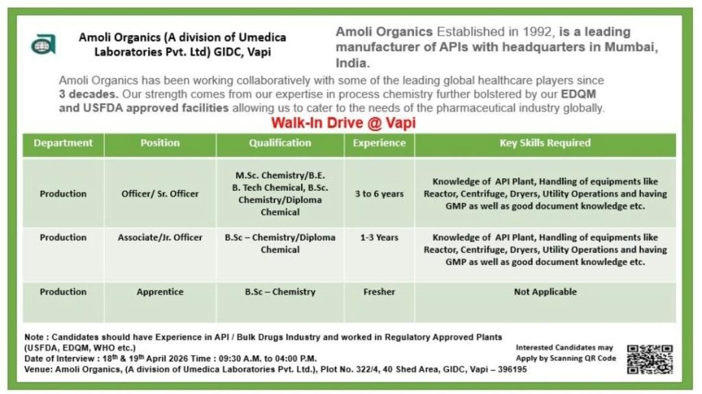 Amoli Organics Walk-In Drive 2026 – Production Department | Vapi