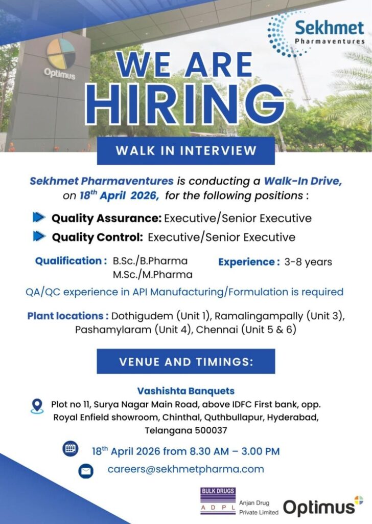 Sekhmet Pharmaventures Walk-In Interview 2026 | QA QC Jobs