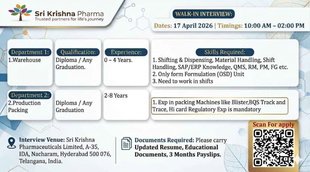 Sri Krishna Pharma Walk-In Interview 2026