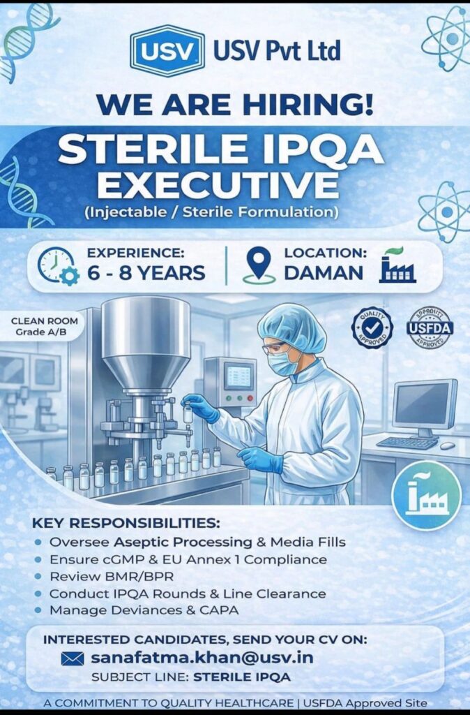 USV Pvt Ltd Hiring Sterile IPQA Executive in Daman | Pharma Jobs