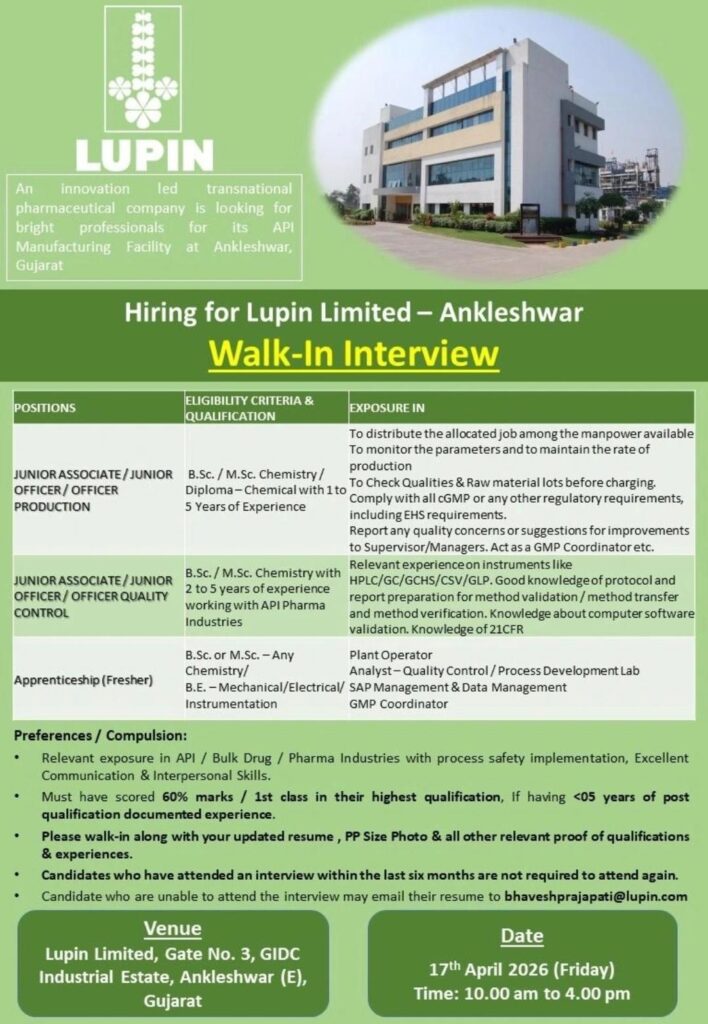 Lupin Limited Walk-In Interview | API Pharma Jobs in Ankleshwar