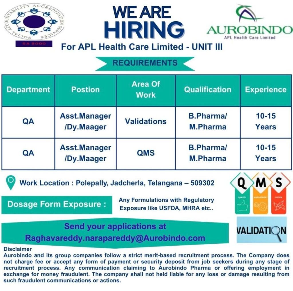 Job Opportunity at Aurobindo Pharma – APL Health Care Limited (Unit III)