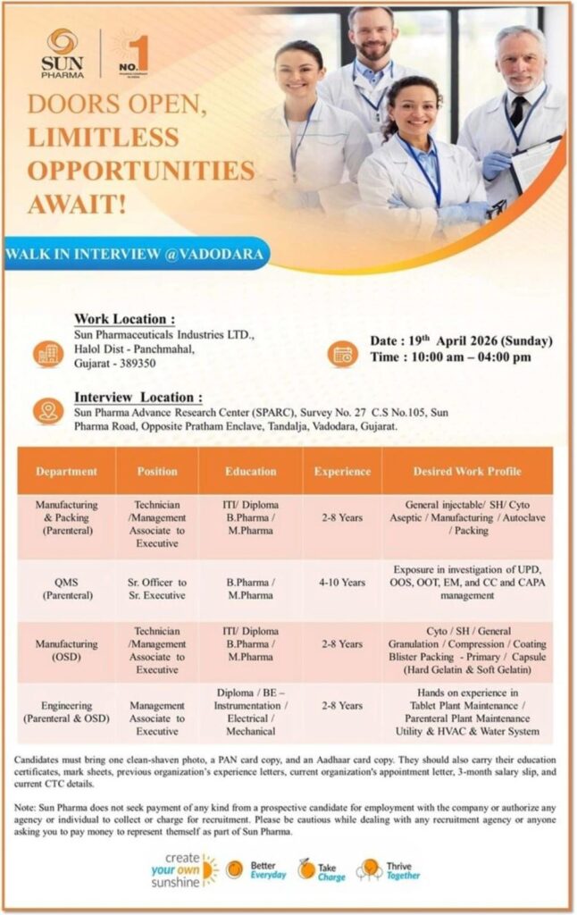 Sun Pharma Walk-In Interview 2026 | Multiple Openings | Vadodara