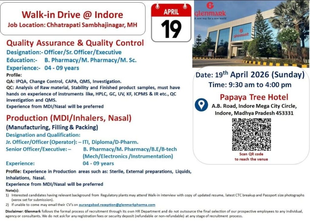 Glenmark Pharmaceuticals is hiring for QA, QC, and Production roles