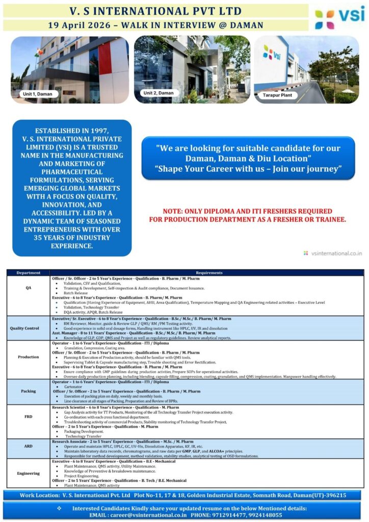 V.S International Walk-In Interview 2026 in Daman | Pharma Jobs