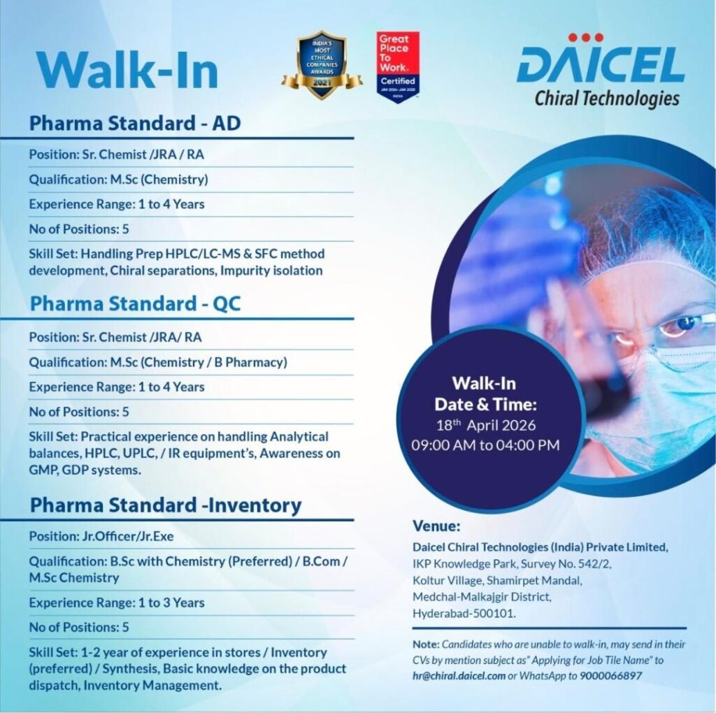 Daicel Chiral Technologies is hiring for multiple roles 