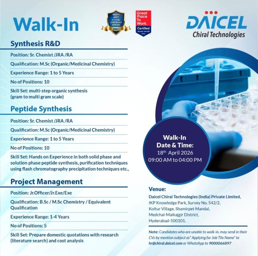 Daicel Chiral Technologies is hiring for multiple roles 