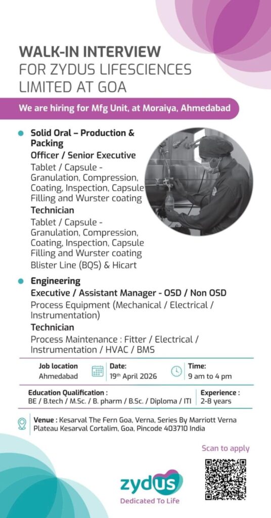 Zydus Lifesciences Walk-In Interview | Production & Engineering Jobs