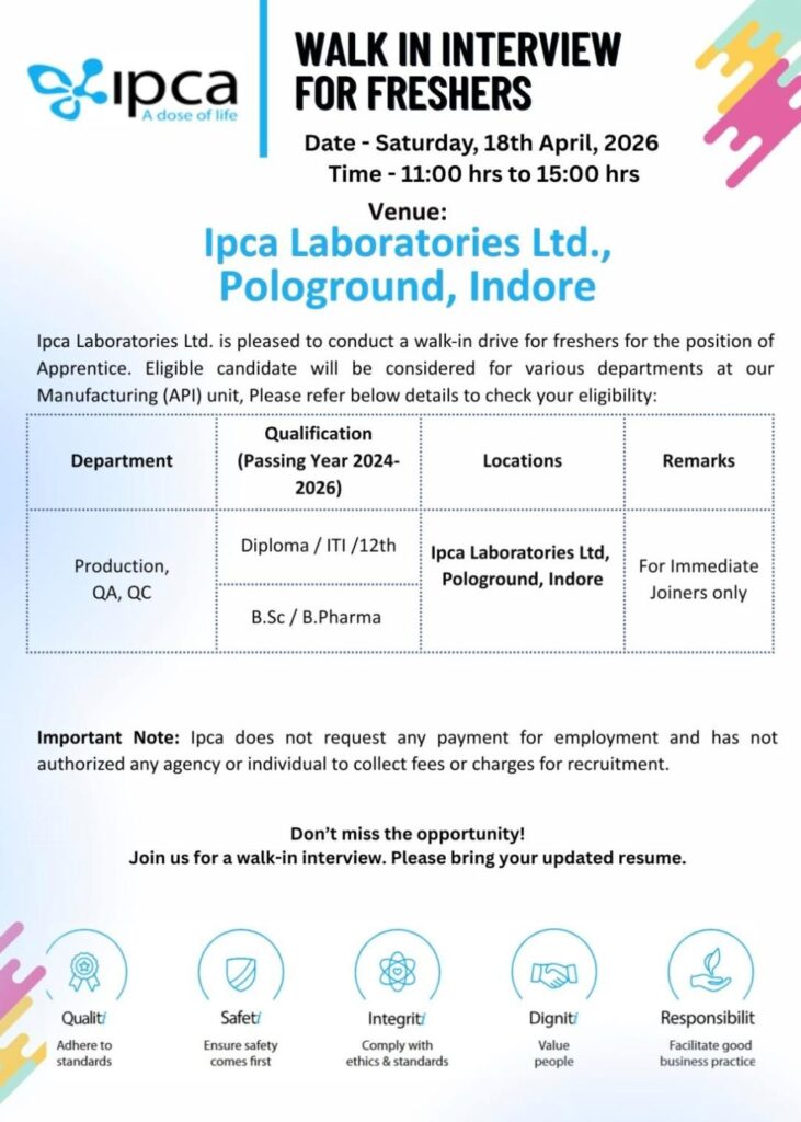 Ipca Laboratories Ltd. is conducting a Walk-In Interview for Freshers