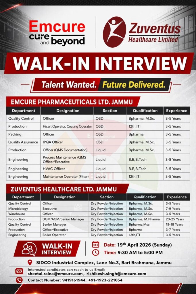 Emcure & Zuventus Walk-In Interview 2026 in Jammu | Pharma Jobs